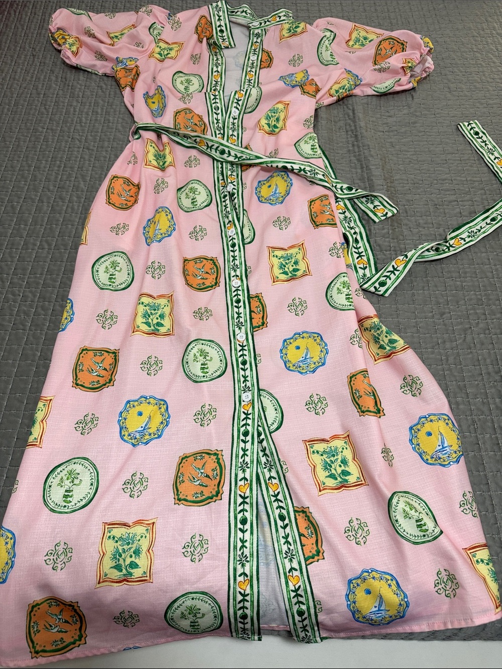 Amazon Pink Maxi Dress with Green Trim and Multicolor Medallion Print